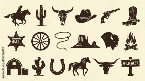 Wild West and Cowboy Culture Silhouette Icons Collection.