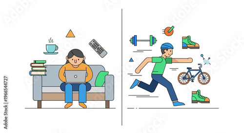 Balancing Modern Lifestyles A Visual Contrast of Sedentary Work-from-Home Habits Versus Energetic Outdoor Fitness and Active Pursuits