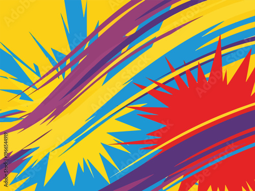 Abstract graphic art with sharp jagged lines in yellow blue purple and red