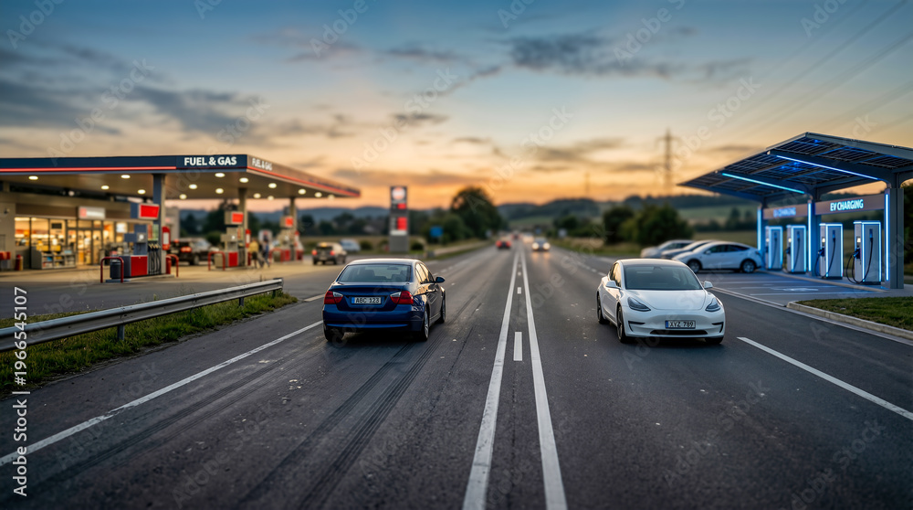 Fototapeta premium Electric car and gasoline vehicle parked on a highway near a gas station and electric charging station at sunset, showcasing the transition in automotive technology