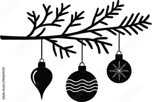 black christmas tree branch with ornaments vector illustration