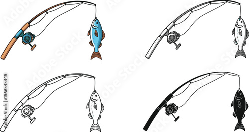 Fishing rod and caught fish vector icon set with spinning reel including colorful flat line art and black silhouette styles for outdoor hobby design.