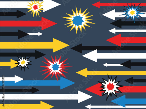 Arrows moving in opposing directions collide with colorful starburst impacts