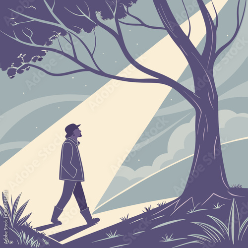 A man walks under a tree on a sunny day