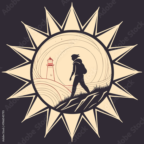 Person hiking on a hill towards a lighthouse under the sun