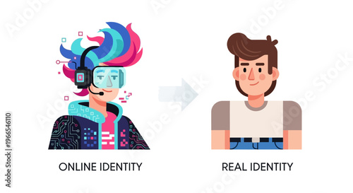 The evolving concept of personal identity in the digital age, illustrating the contrast between a vibrant online presence and a grounded real-life self