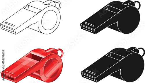 Professional sports whistle icon set in cartoon black outline silhouette and red 3D styles for referee coach and athletic training vector illustration.