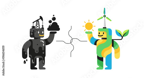 The transition from fossil fuels to renewable energy with a wind turbine and solar panel on a white background