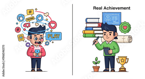 Choosing productivity over digital distraction Illustrating the pursuit of tangible achievements versus endless screen engagement