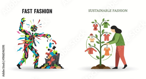 Visualizing the stark contrast between detrimental fast fashion and the positive impact of ethical, sustainable clothing practices