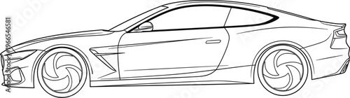 Modern luxury sports car side view technical line art vector illustration with sleek aerodynamic design for automotive industry and vehicle customization concepts.