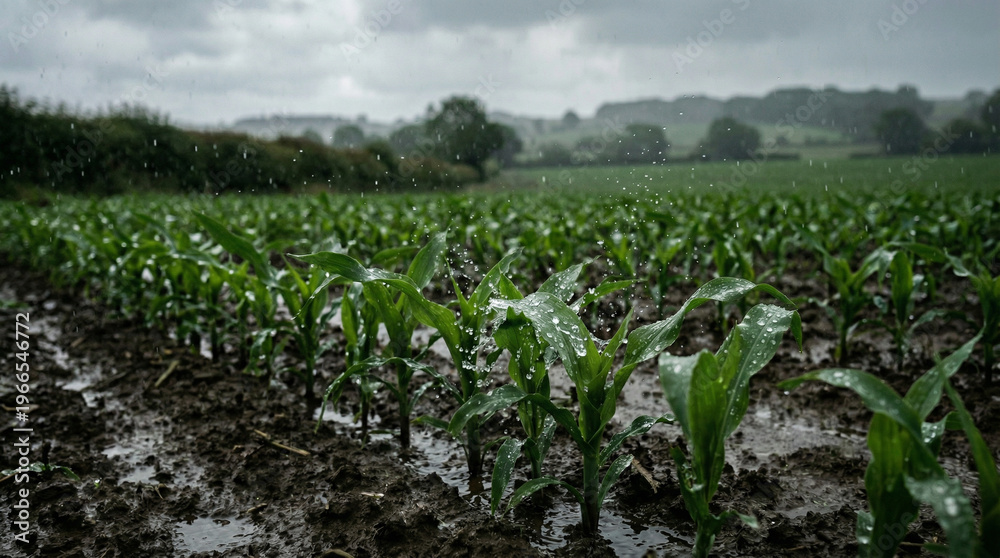Fototapeta premium Rain-soaked corn seedlings grow in a muddy field.