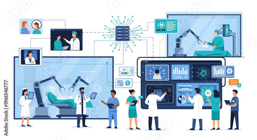 Illustration of advanced medical technology and artificial intelligence in healthcare, showcasing robotic surgery, remote patient monitoring, and data analysis.