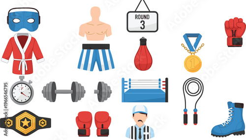 Comprehensive boxing and combat sports flat icon set featuring gloves, ring, belt, referee, training equipment, and championship medals for gym fitness and athletic competition.