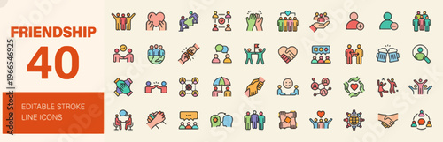 Friendship Icons Set - Editable Stroke Line Art Featuring Diverse Relationships and Social Connections