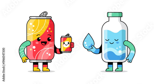 Happy cartoon soda can and water bottle characters holding hands, smiling