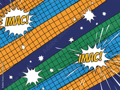 Comic book panel with diagonal orange blue green and dark blue stripes and IMAC speech bubbles