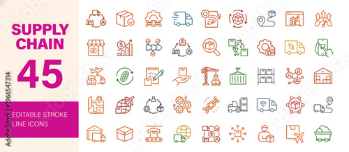 Collection of 45 editable stroke line vector icons for supply chain management, logistics, warehousing, inventory, and global delivery operations