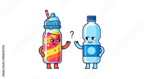 Uncertainty of beverage choice A sweet drink questions a pure water bottle, cartoon illustration