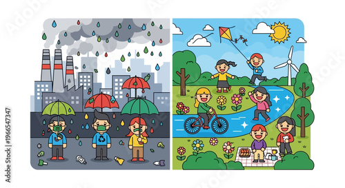 Environmental contrast pollution versus a clean and vibrant natural landscape with people enjoying outdoor activities