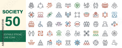 Comprehensive Set of Editable Stroke Line Icons Representing Diverse Aspects of Society, Human Interaction, and Community Structures for Digital Design
