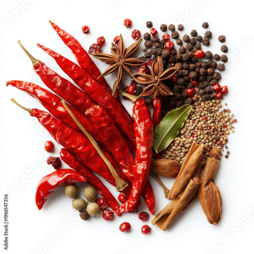 Spices and herbs with fresh chili peppers on wooden background