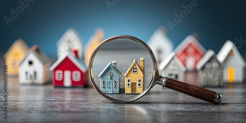 Miniature houses arranged on a table with a magnifying glass examining two