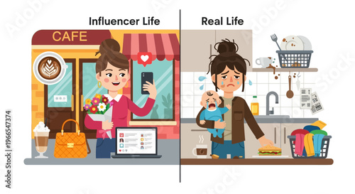 Exposing the stark contrast between online perfect lifestyles and the messy, overwhelming reality of daily life and motherhood