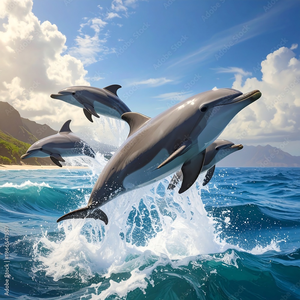 Fototapeta premium Dolphins jumping out of the ocean with splashes