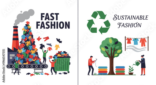 Industrial textile production leading to excessive waste and environmental pollution, illustrating detrimental impacts of rapid fashion cycles and consumerism