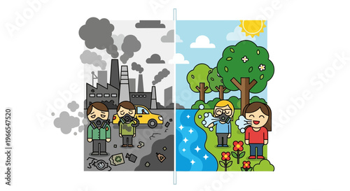 The stark contrast between an industrialized, polluted environment and a pristine, healthy natural landscape