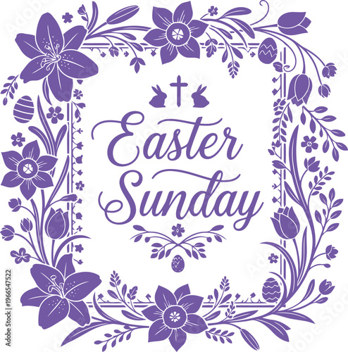 Beautiful floral easter sunday illustration with lilies and decorative eggs design