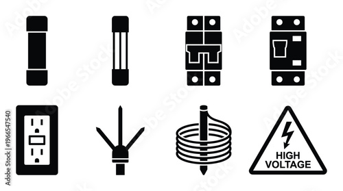Assortment of electrical safety devices like fuses, breakers, and high voltage sign vector