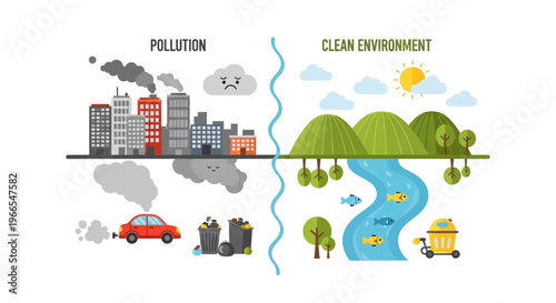 Vibrant Contrast Depicting the Stark Environmental Impact of Pollution Versus a Thriving, Clean Natural Ecosystem for a Sustainable Future