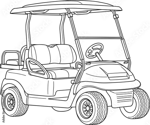 Modern electric golf cart vehicle technical line art vector illustration with roof and seats for resort transportation and sports club concepts.