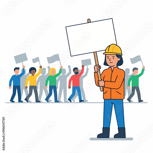 Female construction worker leading a protest with a blank sign.
