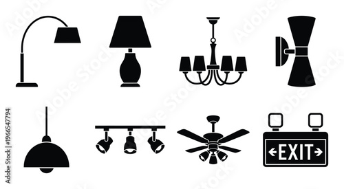 Assortment of lighting fixtures and home illumination devices vector icons for interior design on a transparent background