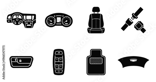 Automobile interior components set featuring dashboard leather seat and car safety belt black icons