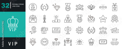 VIP icon set. Containing crown, diamond, quality, vip card, exclusive, customer, red carpet, laurel, victory, star, service, benefit, and more. Editable line icons. Vector illustration.