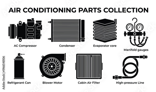 Automotive air conditioning parts collection including compressor condenser and blower motor icons