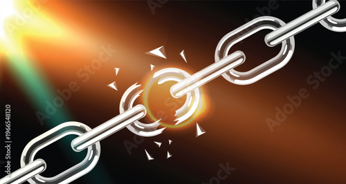 Broken Chain Vector Background with Light Burst Effect, Metal Link Explosion Symbol of Freedom Strength and Power, Abstract Business Breakthrough Concept Illustration