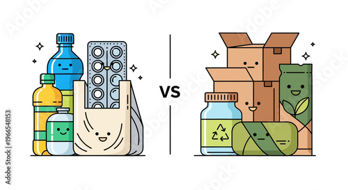 Eco-Friendly Choices Illustrating the Contrast Between Harmful Waste and Sustainable, Reusable Packaging Options for a Better Planet