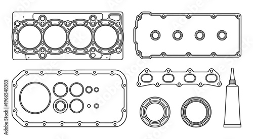 Automotive engine gaskets exhaust manifold sealant oil seals engine repair parts car service shop outline