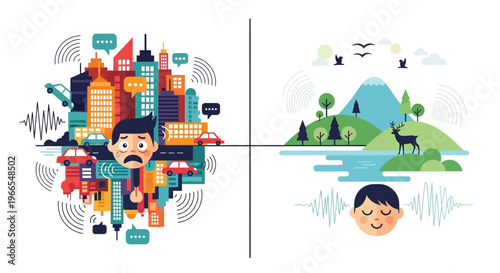 Visualizing the Impact of Environment on Mental Well-being From Loud Urban Stress and Noise to Peaceful Natural Tranquility and Calmness