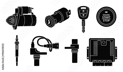 Automotive engine parts and car accessories vector icons for mechanic and auto repair services on a transparent background