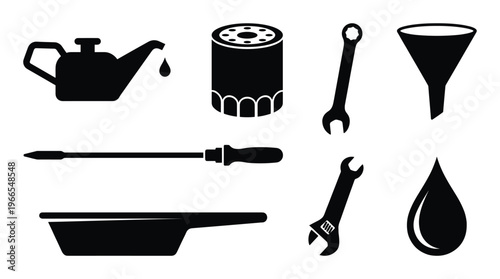 Automotive oil change tools and maintenance icons set including filter wrench funnel and oil can sign