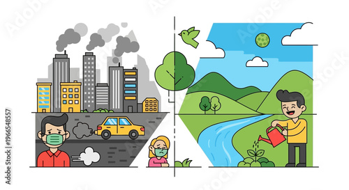 Contrasting urban pollution with a healthy green environment and sustainable living