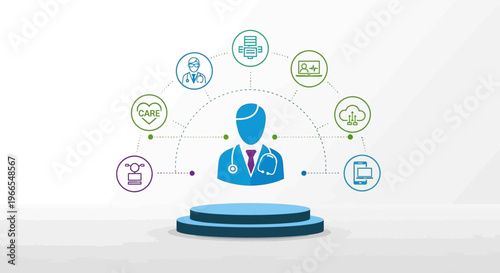 Digital healthcare ecosystem with a doctor at the center, surrounded by icons representing various medical technologies and services.