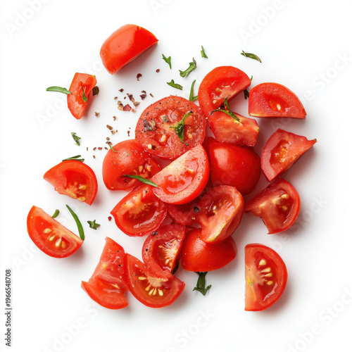 Fresh red tomatoes with green peppers and basil alongside other healthy vegetables like cucumber, garlic, and onion on a clean white background