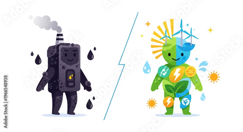 Comparing polluting energy sources with clean, renewable energy in a charming character illustration